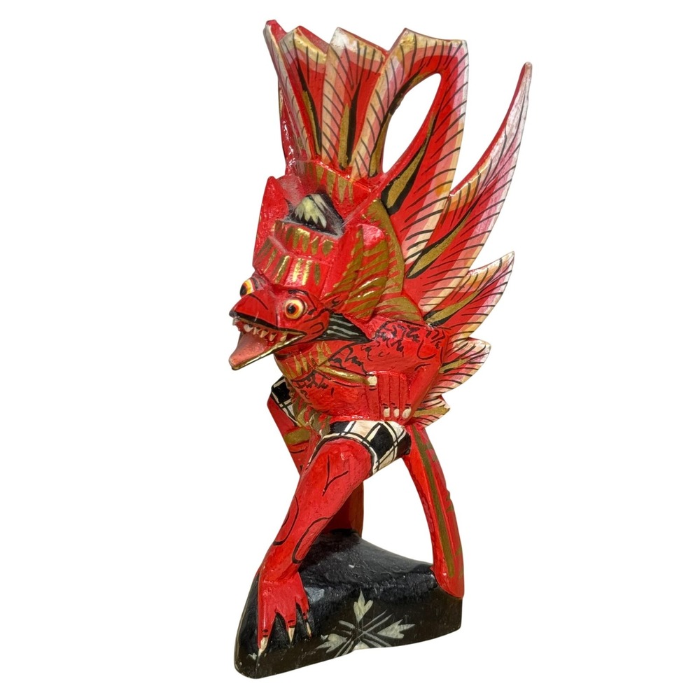 Balinese Garuda Hand Carved Wood Statue Red Gold Painted Indonesian Folk Art 6in